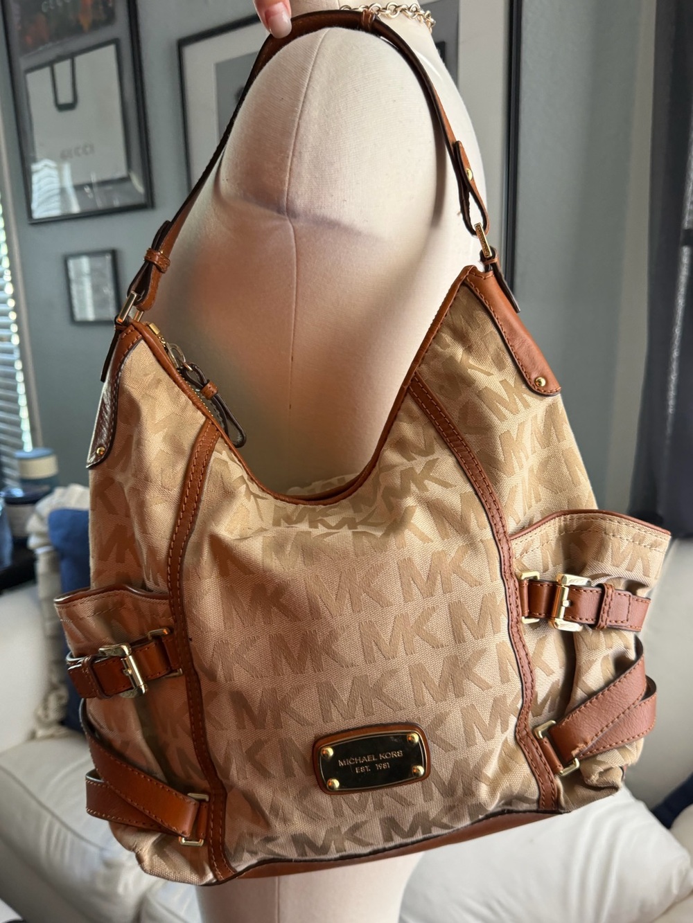 Y2K Michael Kors Beige MK Monogram Hobo with Brown Trim